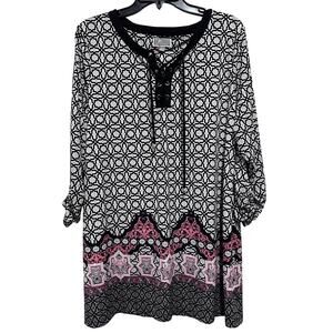 JM Collection Tunic Dress Women Size L Black White Pink Lace Up 3/4 Sleeve Print